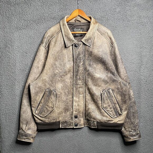 Eddie Bauer Mens 2XL Leather Bomber Jacket Full Zip Brown Distressed Gradient - Picture 9 of 16
